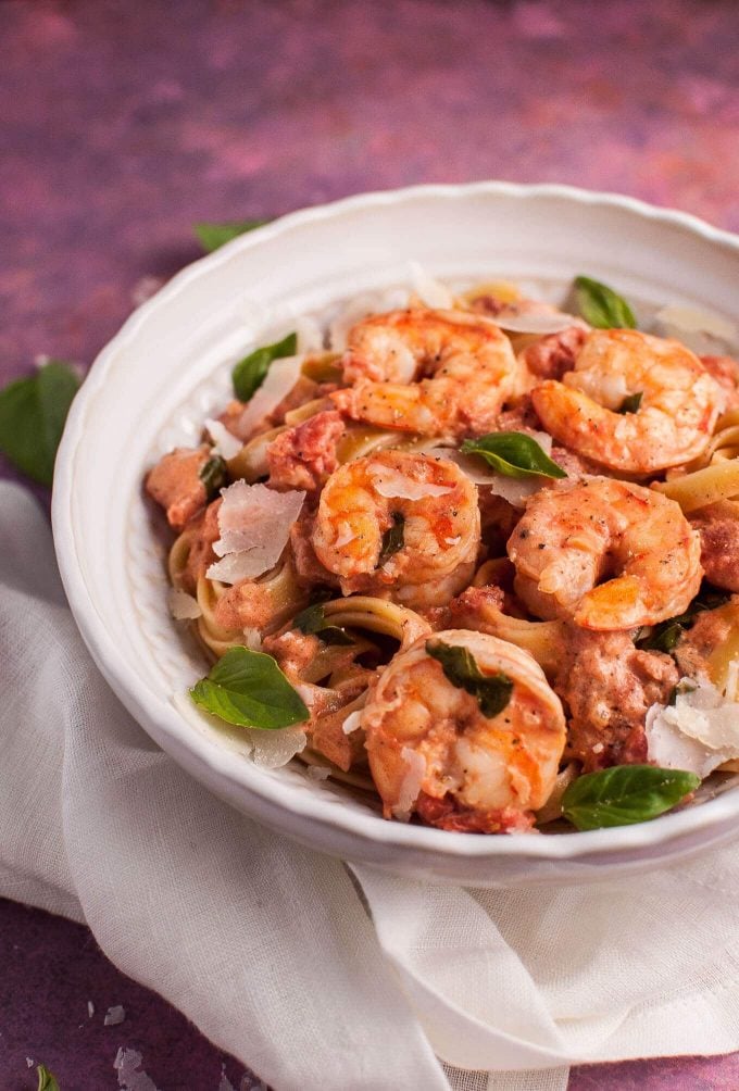 close-up of shrimp rosé fettuccine in a bowl