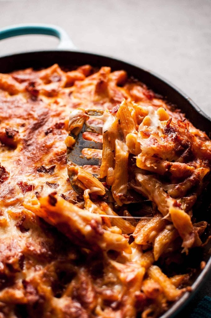 close-up of cheesy bacon skillet penne
