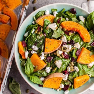 My roasted butternut squash and spinach salad with goat's cheese is a healthy, delicious, and filling fall salad!