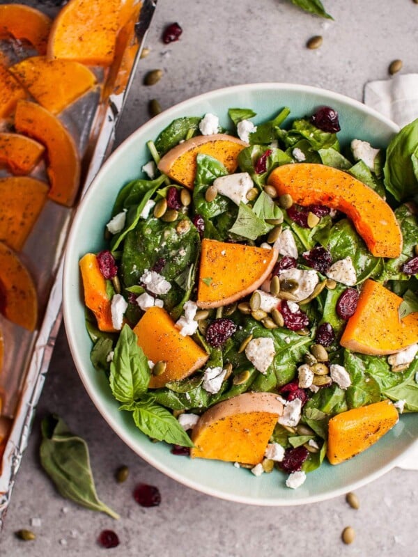 My roasted butternut squash and spinach salad with goat's cheese is a healthy, delicious, and filling fall salad!