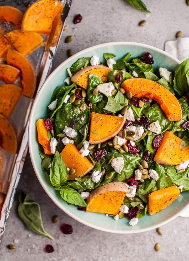 My roasted butternut squash and spinach salad with goat's cheese is a healthy, delicious, and filling fall salad!