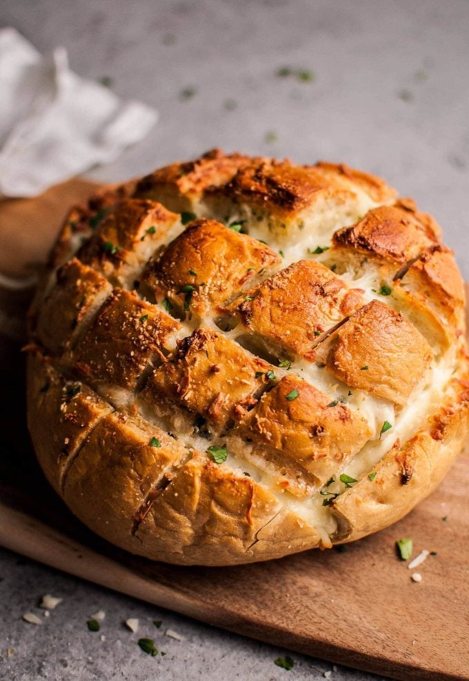 a loaf of parmesan and garlic butter pull-apart bread