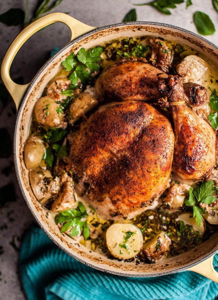 This creamy lemon and herb pot roasted whole chicken is simple to make, decadent, and bursting with fresh flavors. The addition of little potatoes makes it a fantastic one pot meal that makes great leftovers!