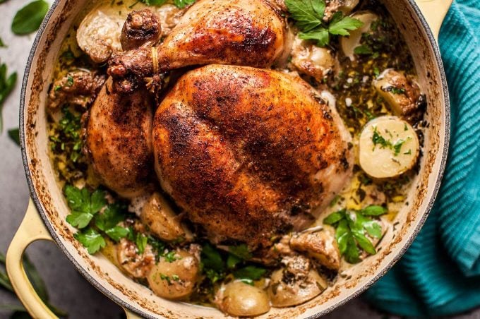 close-up of whole creamy herb and lemon chicken 