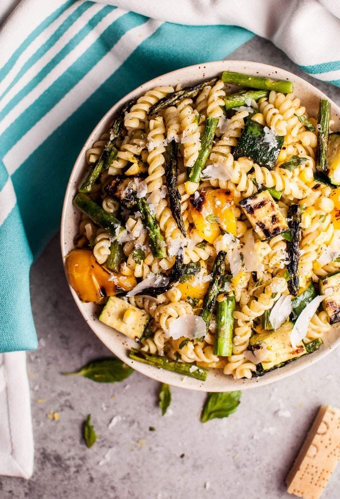 grilled summer vegetable pasta salad in a bowl