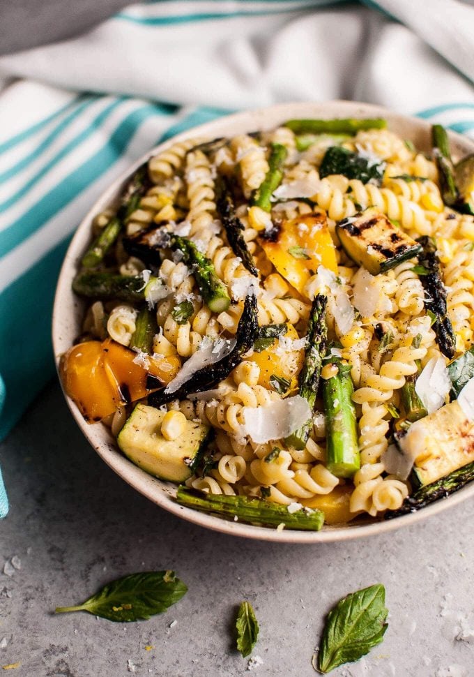 close-up of grilled vegetable salad with zucchini, asparagus, corn, and bell peppers