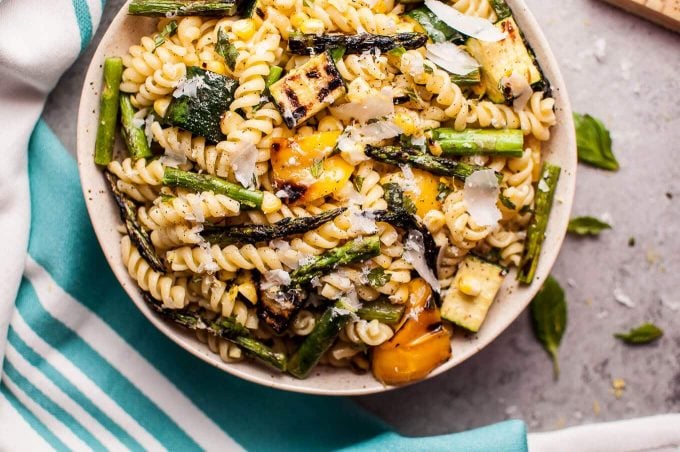 close-up of summer vegetable pasta salad in a bowl