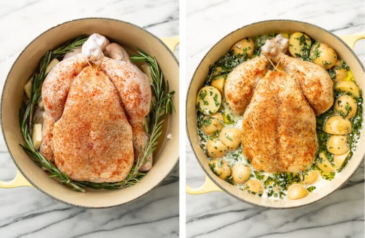 creamy lemon and herb pot roast chicken before and after cooking in a dutch oven