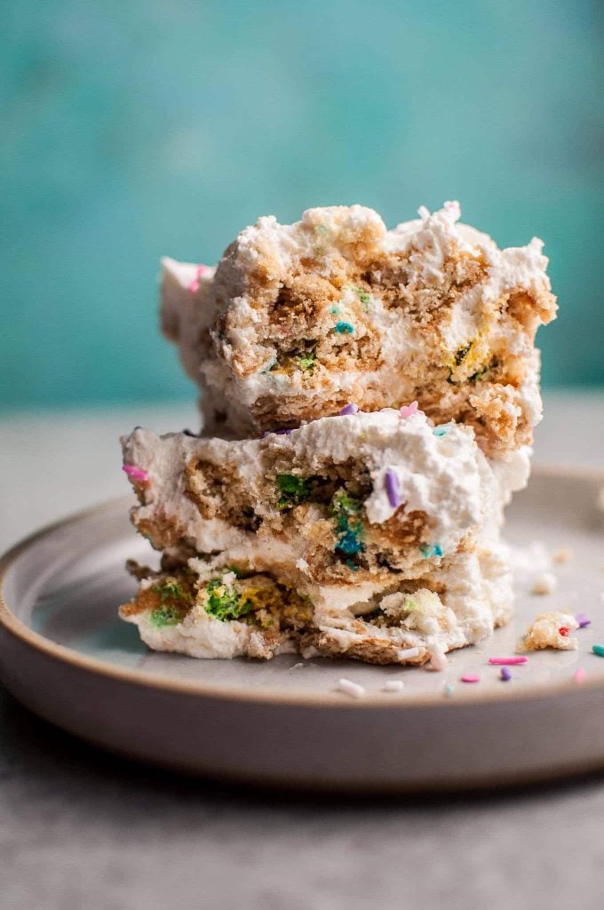 stack of two pieces of rainbow no-bake icebox cake