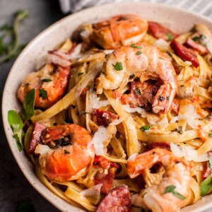 This quick and simple shrimp and chorizo pasta with mushrooms is full of flavor and won't disappoint!