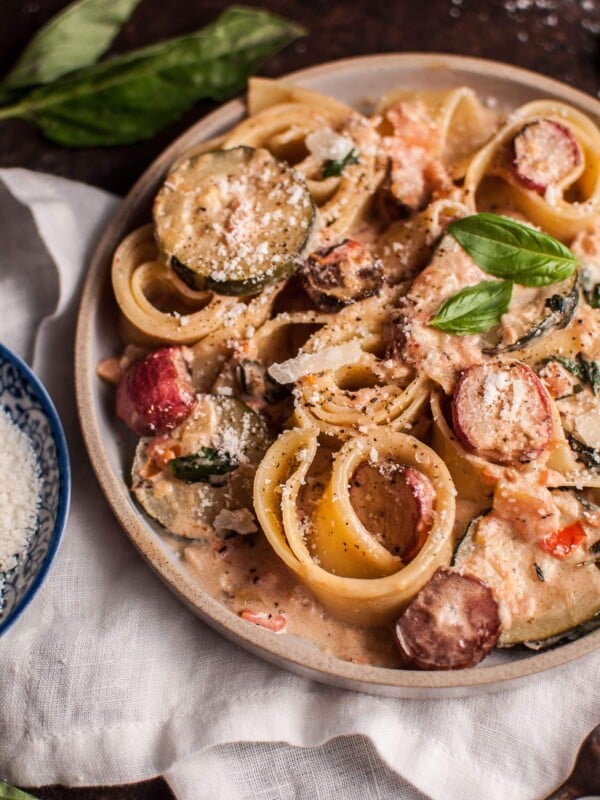 Summer veggie pasta with roasted radishes is a super flavorful vegetarian dish!