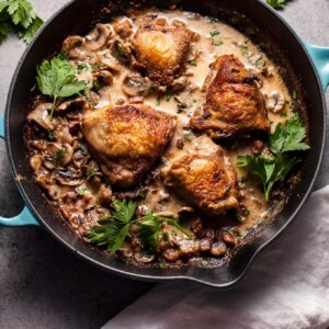 You'll love this crispy chicken in a creamy bourbon sauce with pancetta and mushrooms!