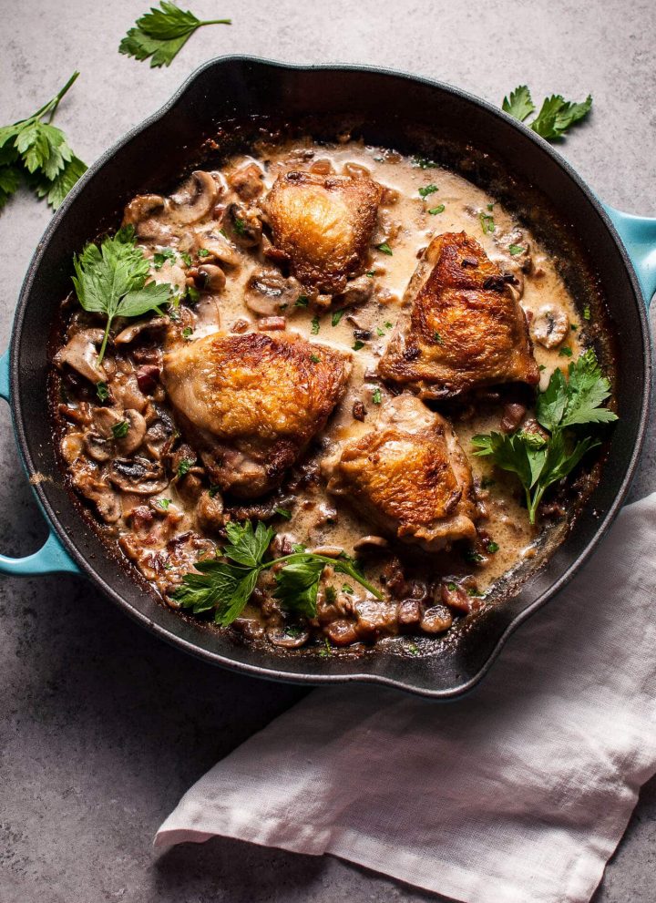 You'll love this crispy chicken in a creamy bourbon sauce with pancetta and mushrooms!