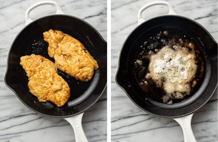pan frying chicken in a skillet