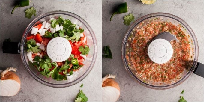 food processor with ingredients for easy salsa for huevos rancheros
