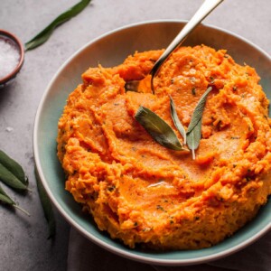 Sage brown butter mashed sweet potatoes: one of 3 easy vegetarian Thanksgiving sides! | Salt & Lavender