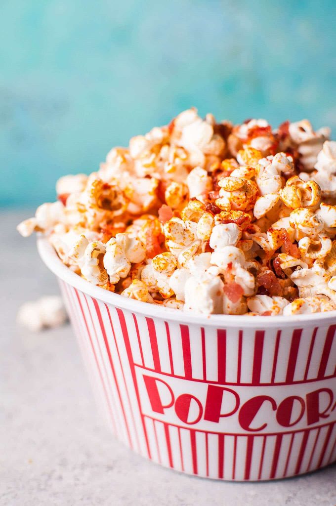 close-up of bowl of sriracha bacon popcorn