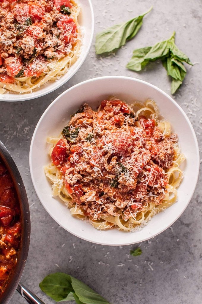 easy healthy turkey bolognese in a white bowl