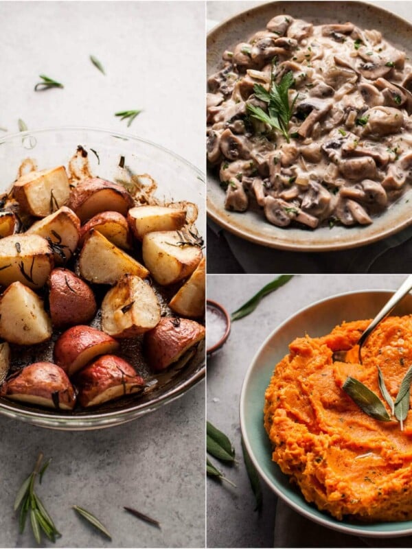 3 easy vegetarian Thanksgiving side dishes: sage brown butter mashed sweet potatoes, mushrooms Stroganoff, and lemon and rosemary roasted potatoes.