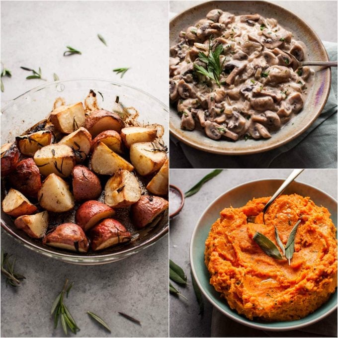 collage with three bowls of sage butter mashed sweet potatoes, mushrooms Stroganoff, and lemon and rosemary roasted potatoes