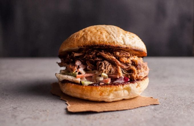 Crockpot pulled pork sandwich with apple slaw