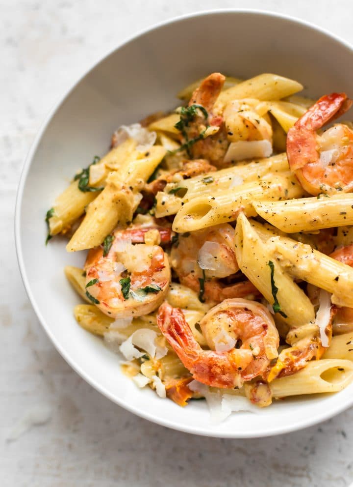 This Cajun shrimp penne is creamy, garlicky, flavorful, and slightly spicy! It's ready in under half an hour, making it the perfect easy weeknight dinner or date night recipe.