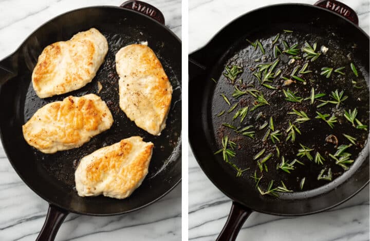 pan searing chicken and then frying rosemary in a skillet