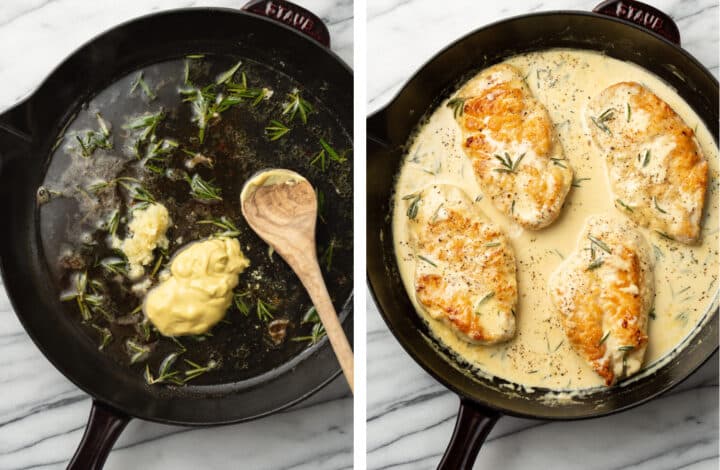 making creamy sauce in a skillet for dijon rosemary chicken