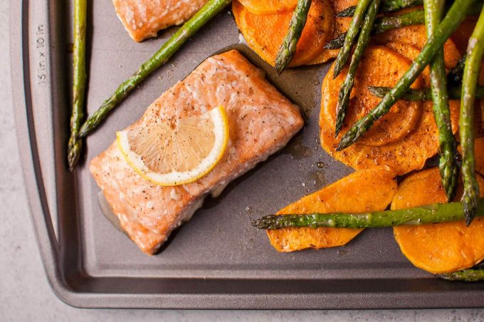 maple salmon sheet pan dinner close-up