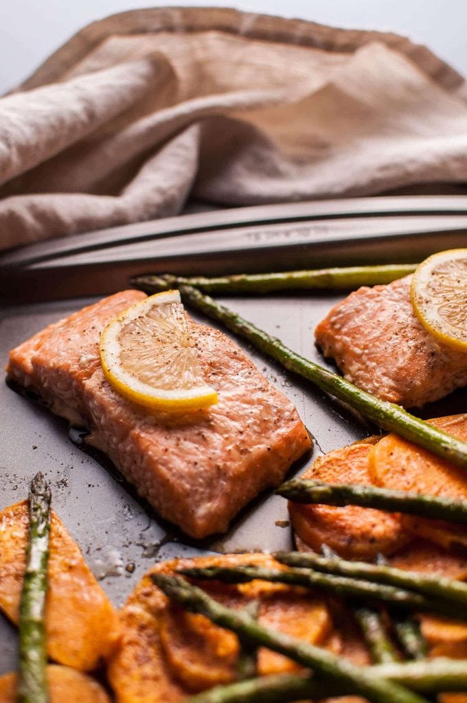 close-up of a piece of maple salmon and asparagus