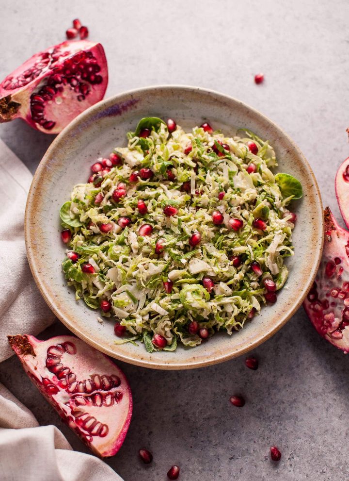 My pomegranate Brussels sprouts salad is a healthy, colorful, delicious, and easy to make fall side dish. A perfect addition to your Thanksgiving table!