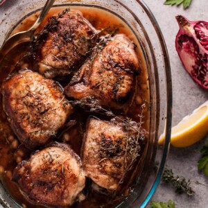 My pomegranate lemon roasted chicken is sure to become a cold weather favorite! With only 10 minutes prep time, you can sit back and relax as your kitchen fills with the aroma of tender, crispy-skinned chicken roasting in the herb-citrus pomegranate sauce.