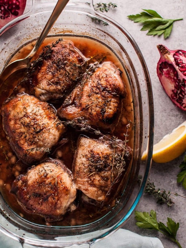 My pomegranate lemon roasted chicken is sure to become a cold weather favorite! With only 10 minutes prep time, you can sit back and relax as your kitchen fills with the aroma of tender, crispy-skinned chicken roasting in the herb-citrus pomegranate sauce.