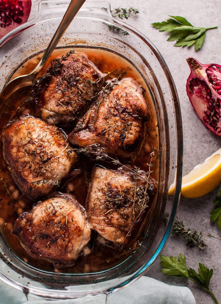 My pomegranate lemon roasted chicken is sure to become a cold weather favorite! With only 10 minutes prep time, you can sit back and relax as your kitchen fills with the aroma of tender, crispy-skinned chicken roasting in the herb-citrus pomegranate sauce.