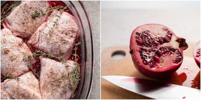 process collage with raw chicken in glass baking dish on left and pomegranate with knife on right