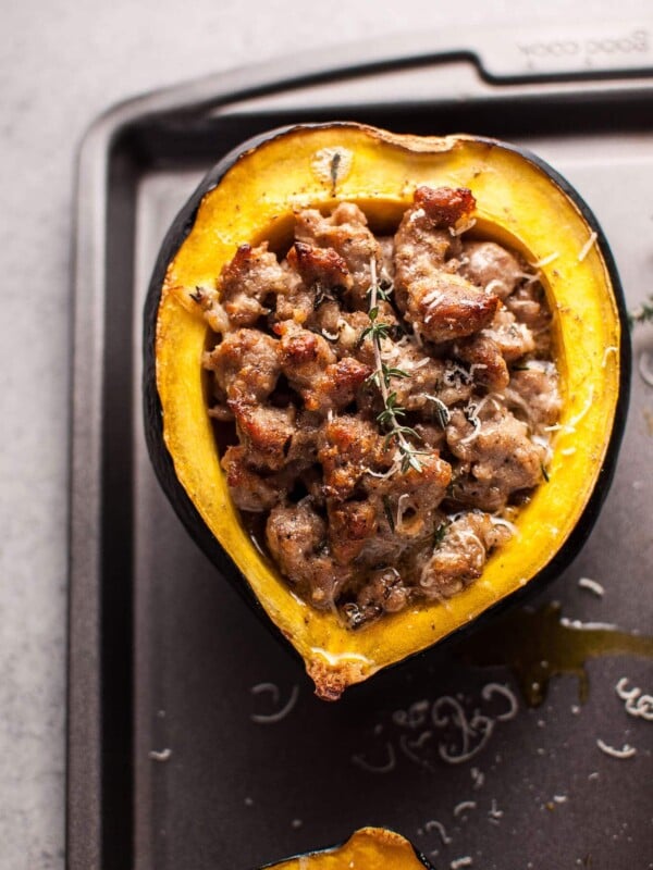 close-up of stuffed acorn squash