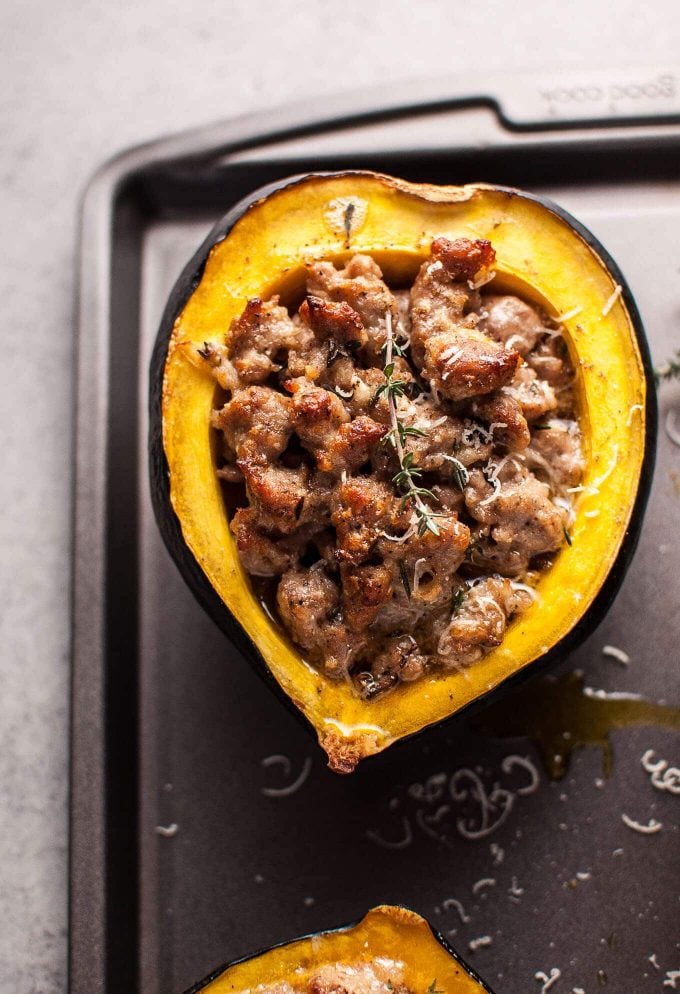 close-up of stuffed acorn squash