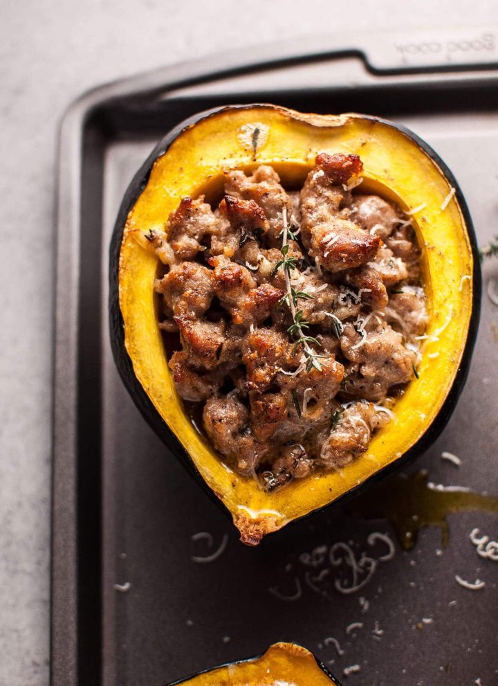 close-up of stuffed acorn squash