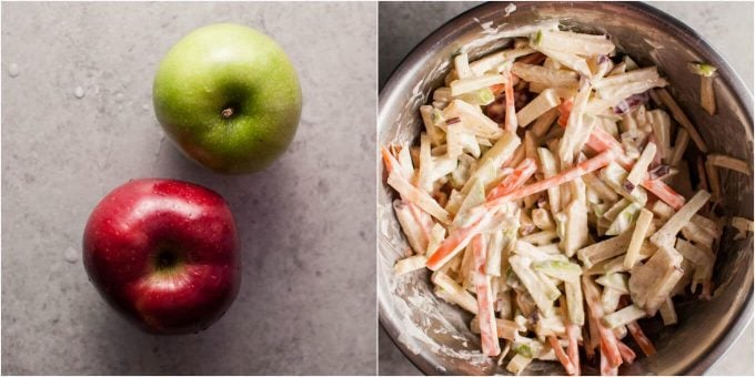 two process shots of whole apples and apple slaw in a bowl