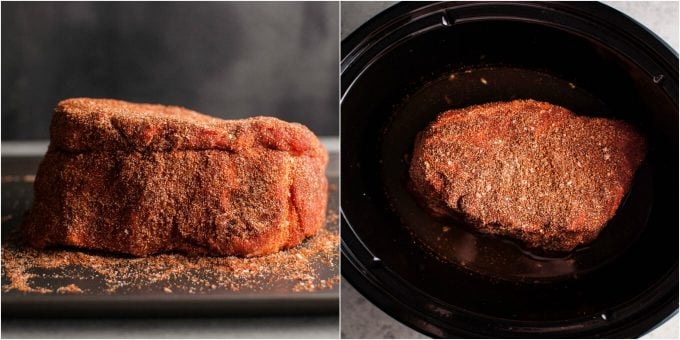 two process photos of seasoned pork