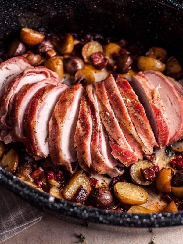 Don't want to roast a whole bird? Try my bacon wrapped turkey breast with chorizo, cranberries, and little potatoes!