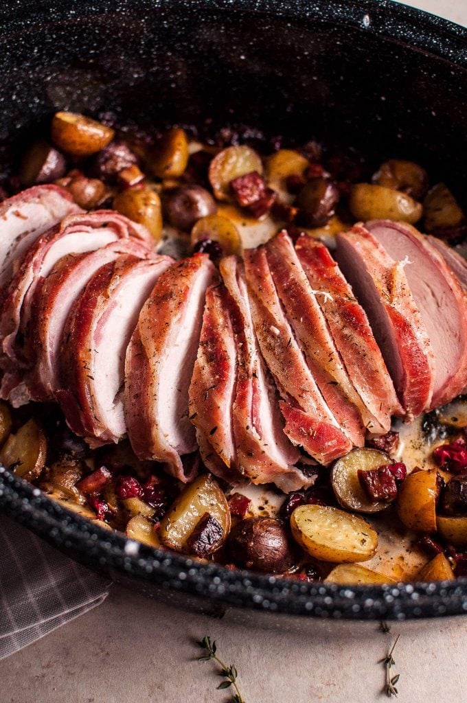 slices of bacon-wrapped turkey breast close-up