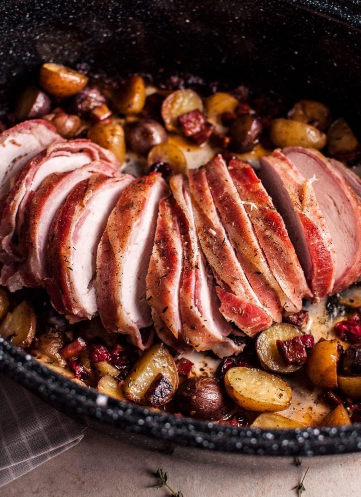 Don't want to roast a whole bird? Try my bacon wrapped turkey breast with chorizo, cranberries, and little potatoes!