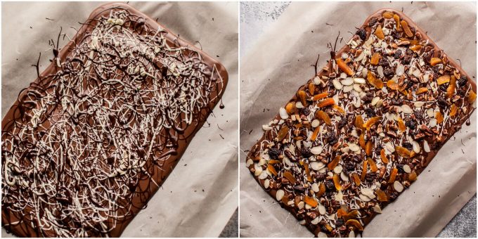 process photos collage of fruit and nut chocolate bark on a baking sheet