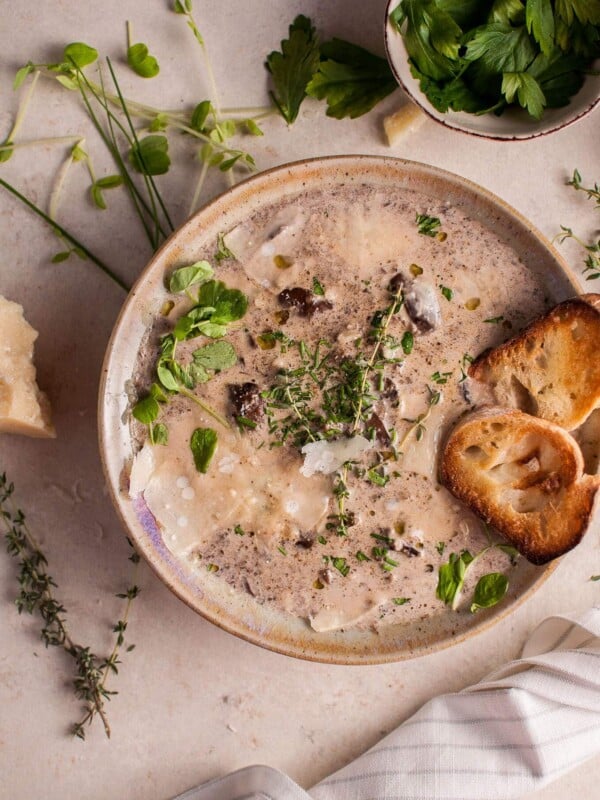 No more boring mushroom soup! This creamy mushroom soup is loaded with flavorful toppings to make this classic even more delicious.