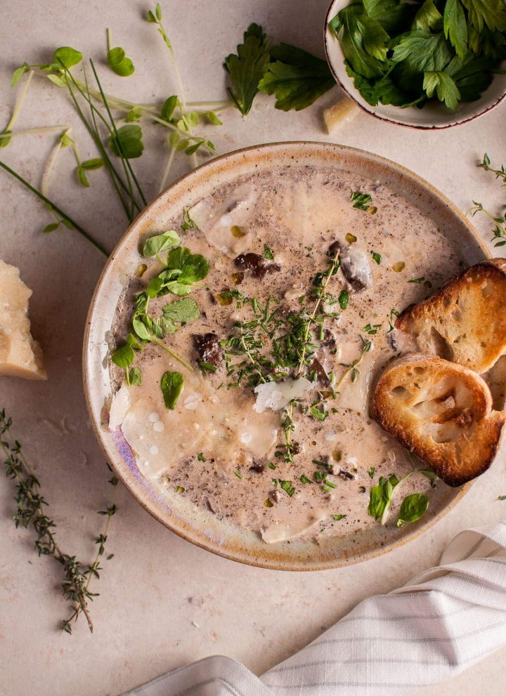 No more boring mushroom soup! This creamy mushroom soup is loaded with flavorful toppings to make this classic even more delicious.