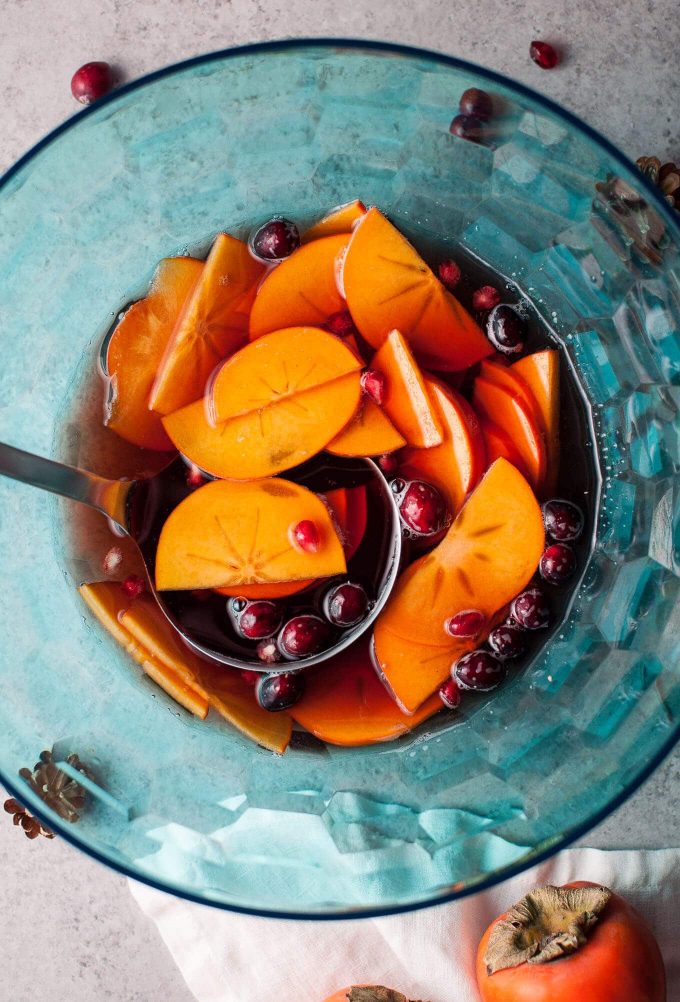 close-up of punch bowl with winter sangria