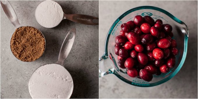 collage with measuring cups with various ingredients for rustic cranberry galette