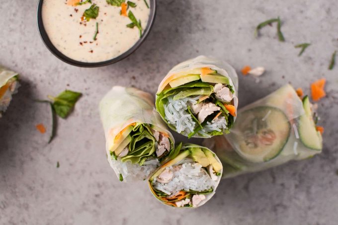 close-up of three leftover chicken salad rolls beside bowl of tarragon miso dip