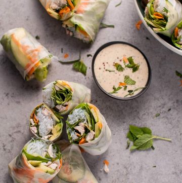 Chicken salad rolls with miso tarragon dipping sauce are a fresh and creative way to use up leftover chicken!